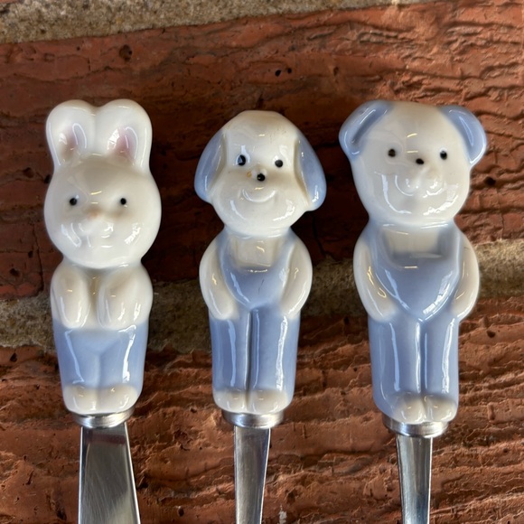 Vintage Lillian Vernon Ceramic Animal Top 3pc Baby Cutlery Set Spoon Fork Knife - Picture 3 of 4